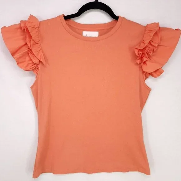 Anthropologie Ribbed Top Size Medium Ruffle Short Cap Sleeve Round Neck Blouse - Picture 2 of 12